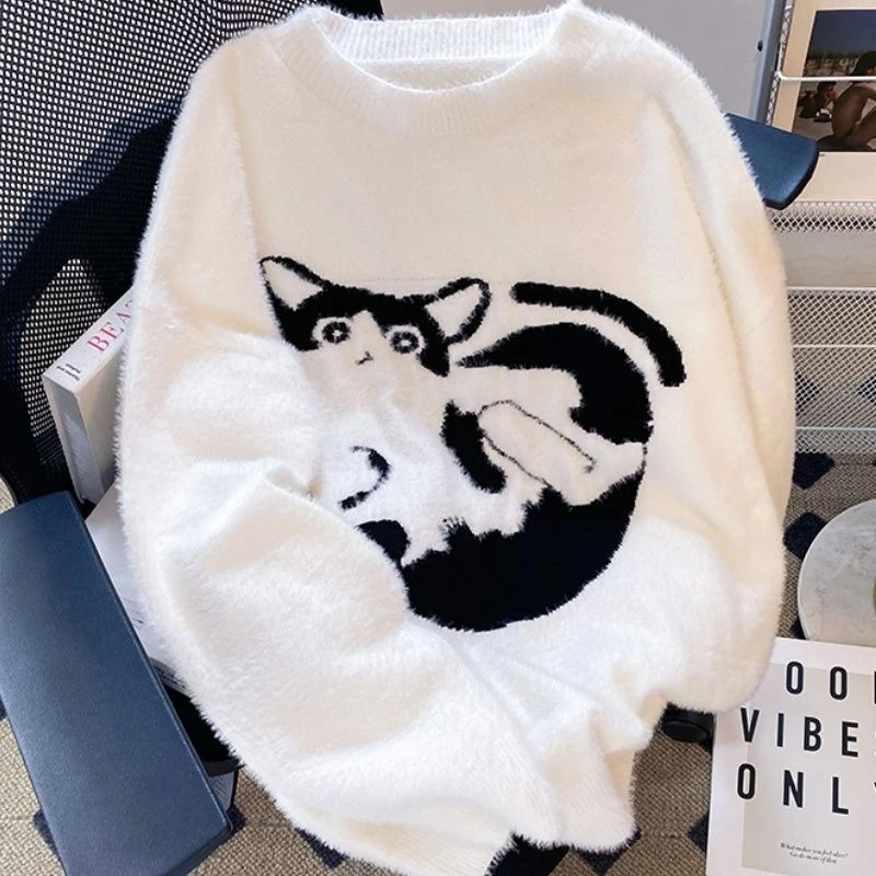 

Корейский Y2k Kawaii свитер с длинными рукавами, женский повседневный тонкий трикотажный пуловер с мультяшным принтом кота, весна-осень 2025, Новое поступление