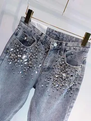 European Fashion New Heavy Industry Full Diamond Rhinestone Flash Denim Pants Women's Jeans Blue 2024 Spring Summer