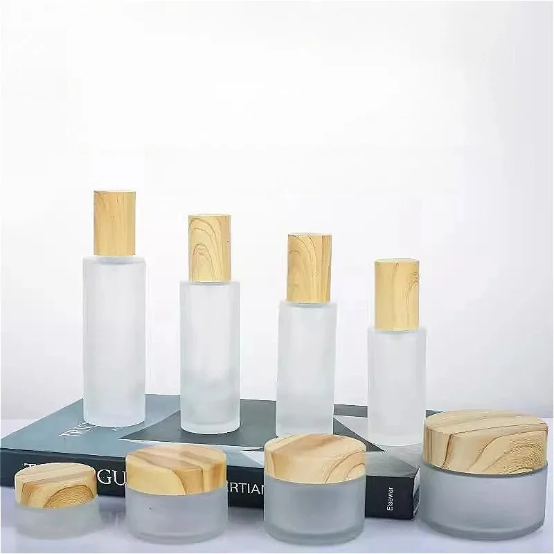 

Wood Grain Frosted Glass Bottle with Pump Spray, Refillable Lotion Cosmetic Container for Travel Serum Essentials