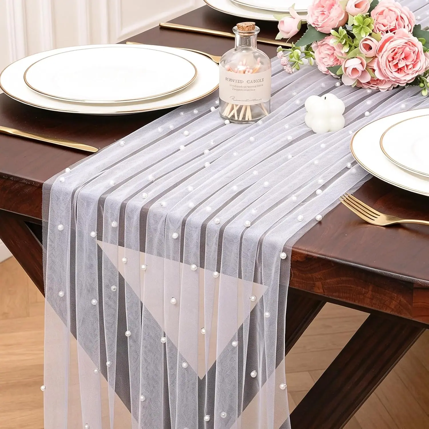 10FT(120Inch) Multi‑Color Pearl Sheer Tulle Table Runner, Gauze Table Decor for Wedding Valentine Anniversary Home Party