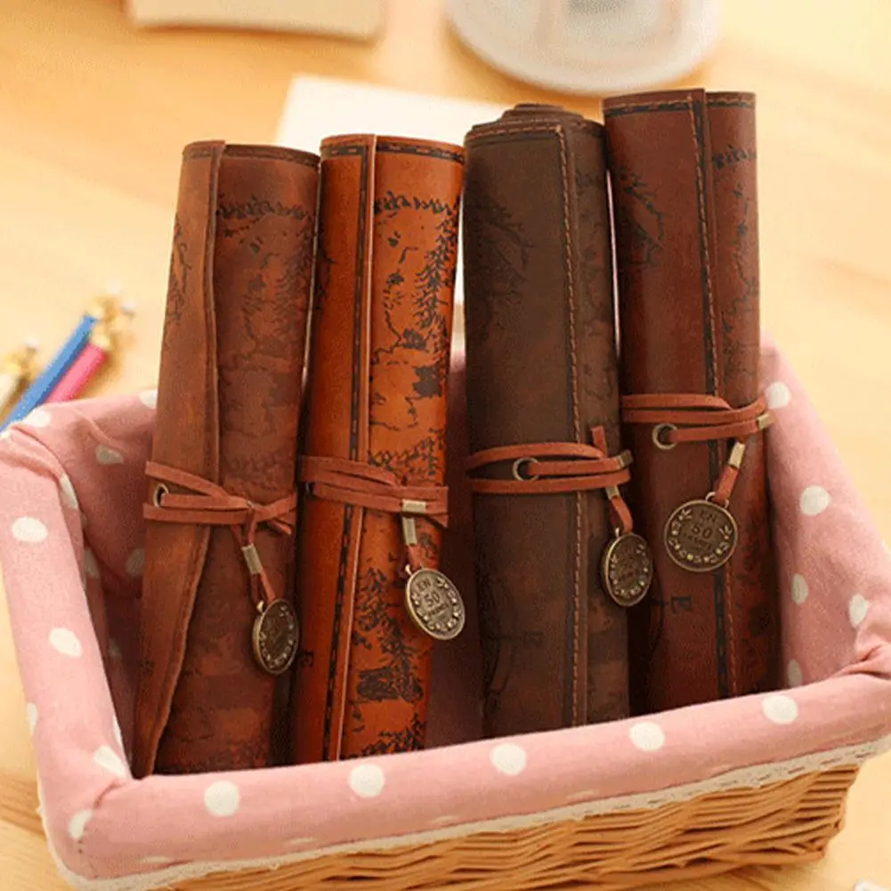 New Treasure Map Pen Bag Retro Canvas Leather Large Capacity Waterproof Pencil Bag Student Stationery Box Roll Pen Bag