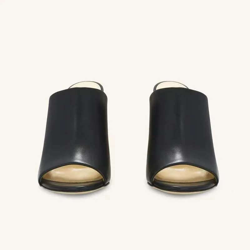 Модные тканые сабо особой формы на высоком каблуке, нишевые круглые тапочки с открытым носком, удобная женская обувь из мягкой кожи