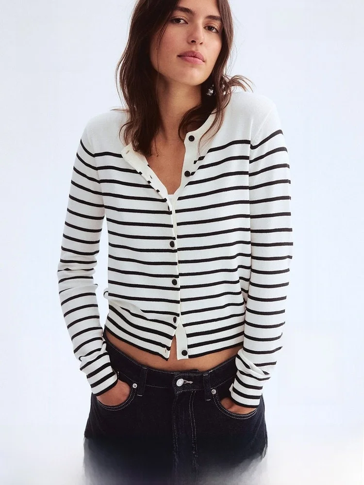 

Женский вязаный свитер H&M в полоску, тонкий кардиган для кондиционированных помещений, весенняя модная верхняя одежда, приталенный крой, длинный рукав