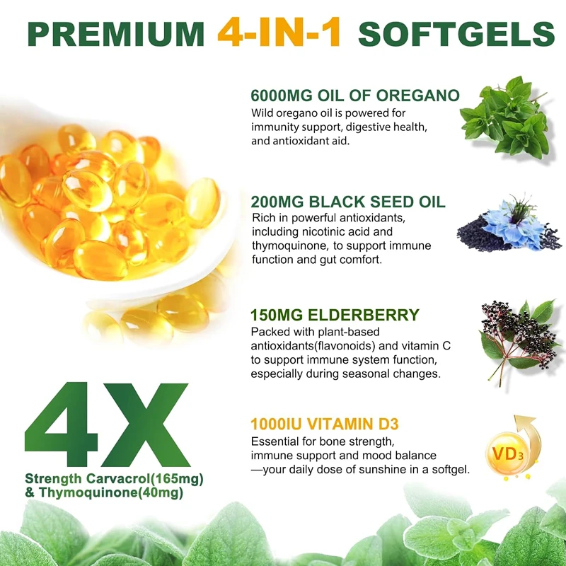 زيت كبسولات أوريجانو، مع زيت البذور السوداء، التوت، فيتامين د3، يدعم صحة الجهاز الهضمي، وتعزيز المناعة والعظام والمفاصل #2