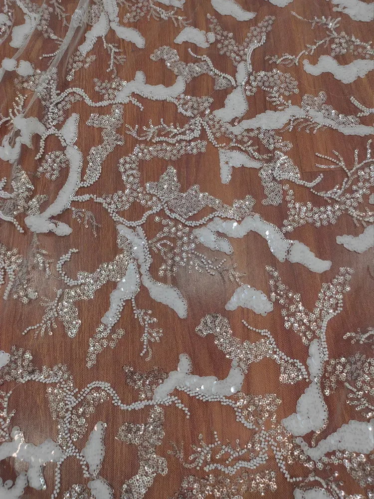 High Quality White Sequin Bead Cloud Branch Style Lace Fabric for Wedding Dress DIY Lace Accessories