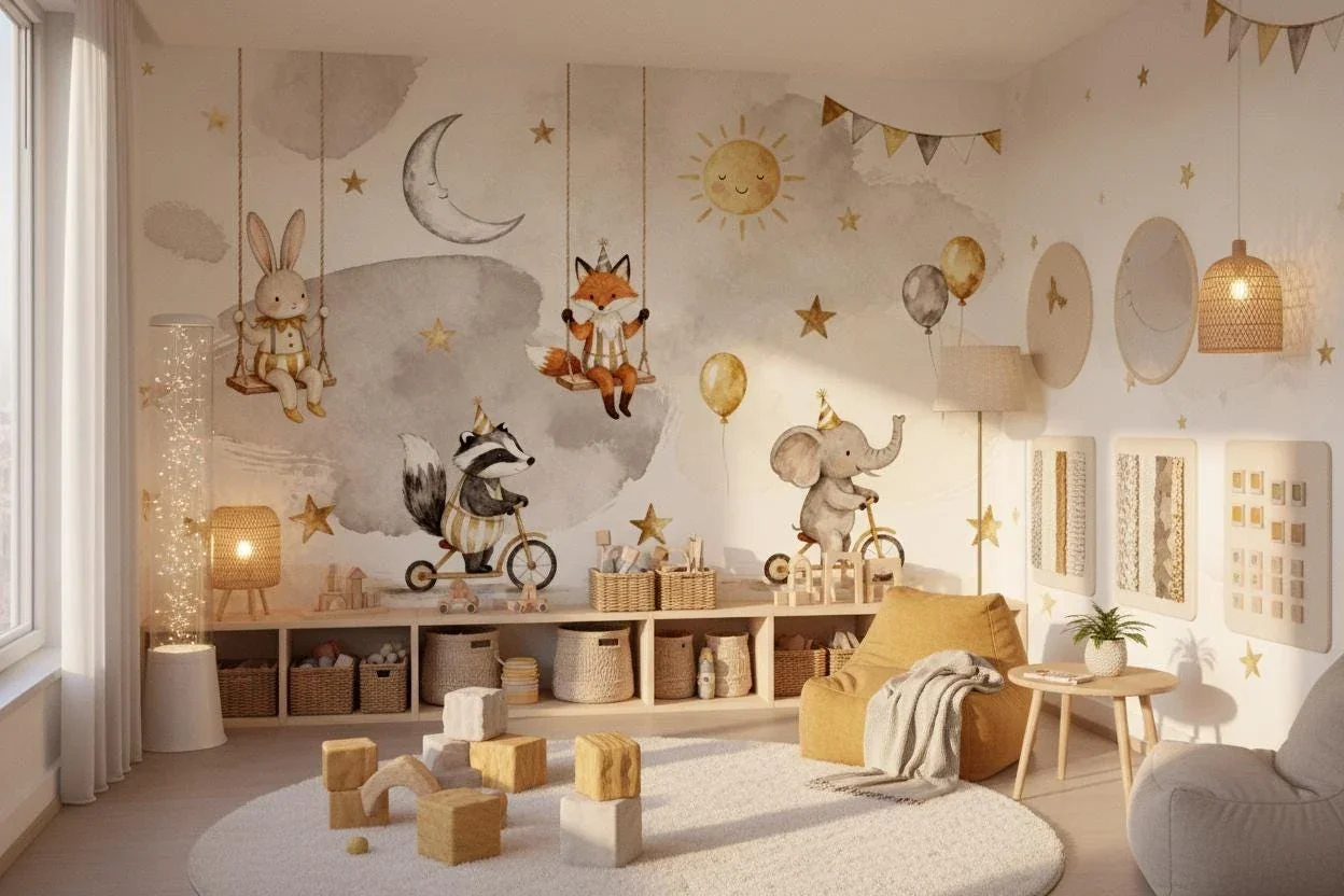 Customized Wallpaper Watercolor Forest Animal Green Tropical Wallpaper Cartoon Kindergarten Cute Animal Pink Orange 3d Wallpaper