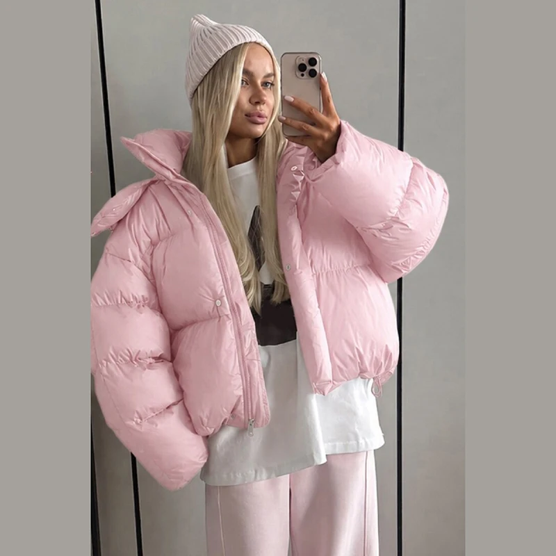 Women Oversized Hooded Cropped Puffer Jacket Zip Up Short Bubble Quilted Long Sleeve Coat Female Warm Commuter Casual Outerwear