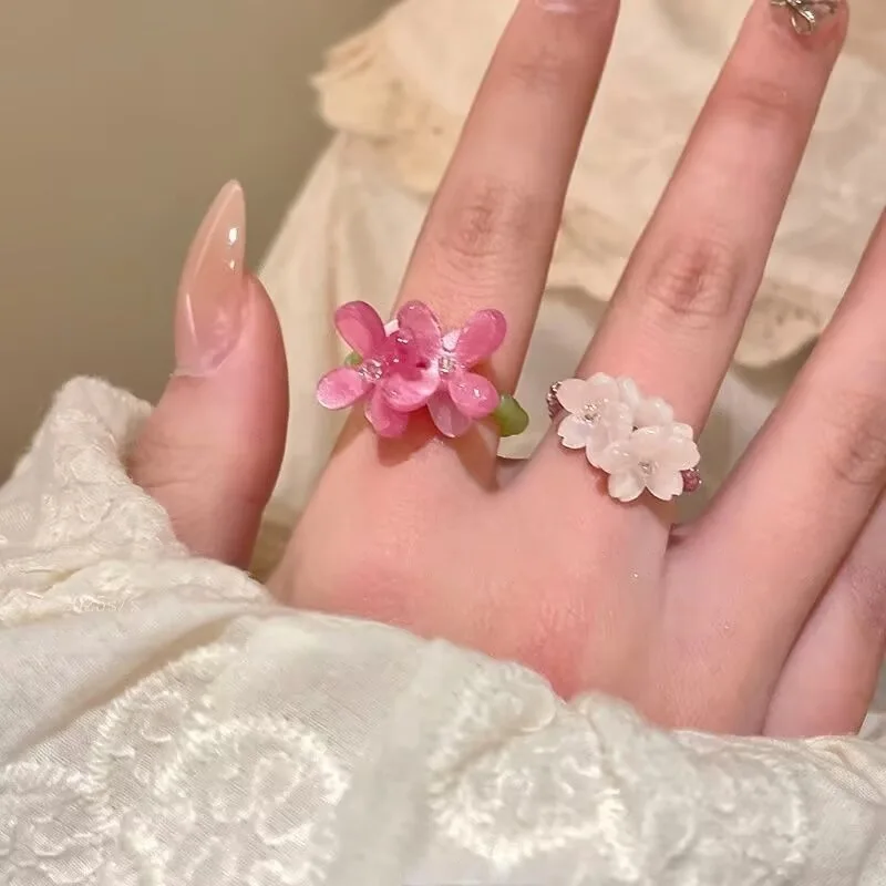 New Romantic Cute Violet Flower Ring Spring Summer Elastic Beaded Rings for Women Friends Korea Finger Jewelry Accessories Gift
