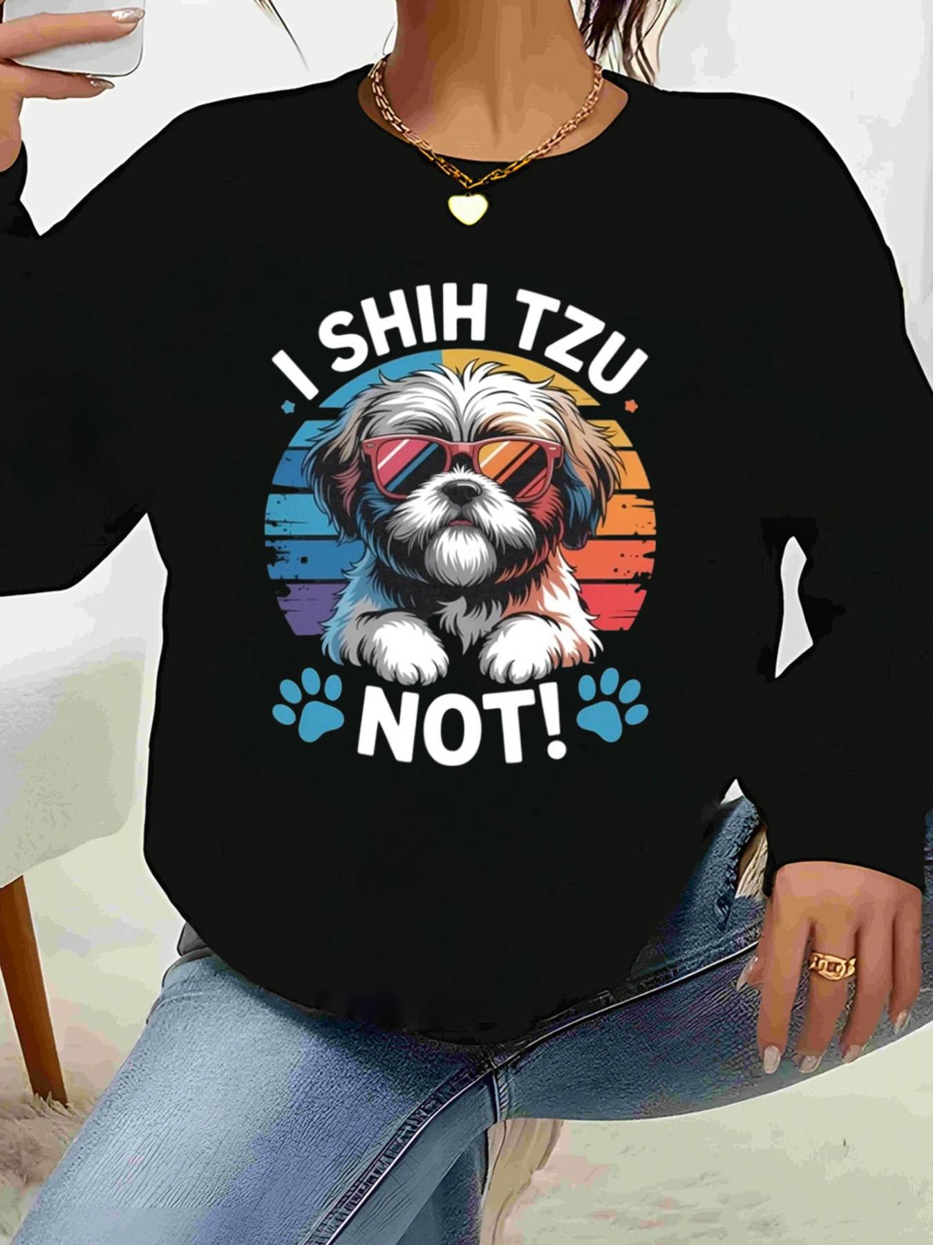 Shih Tzu chien imprimé graphique Vintage coucher de soleil conception à manches longues sweat Halloween amoureux des animaux de compagnie tenue décontracté haut tendance pour femmes