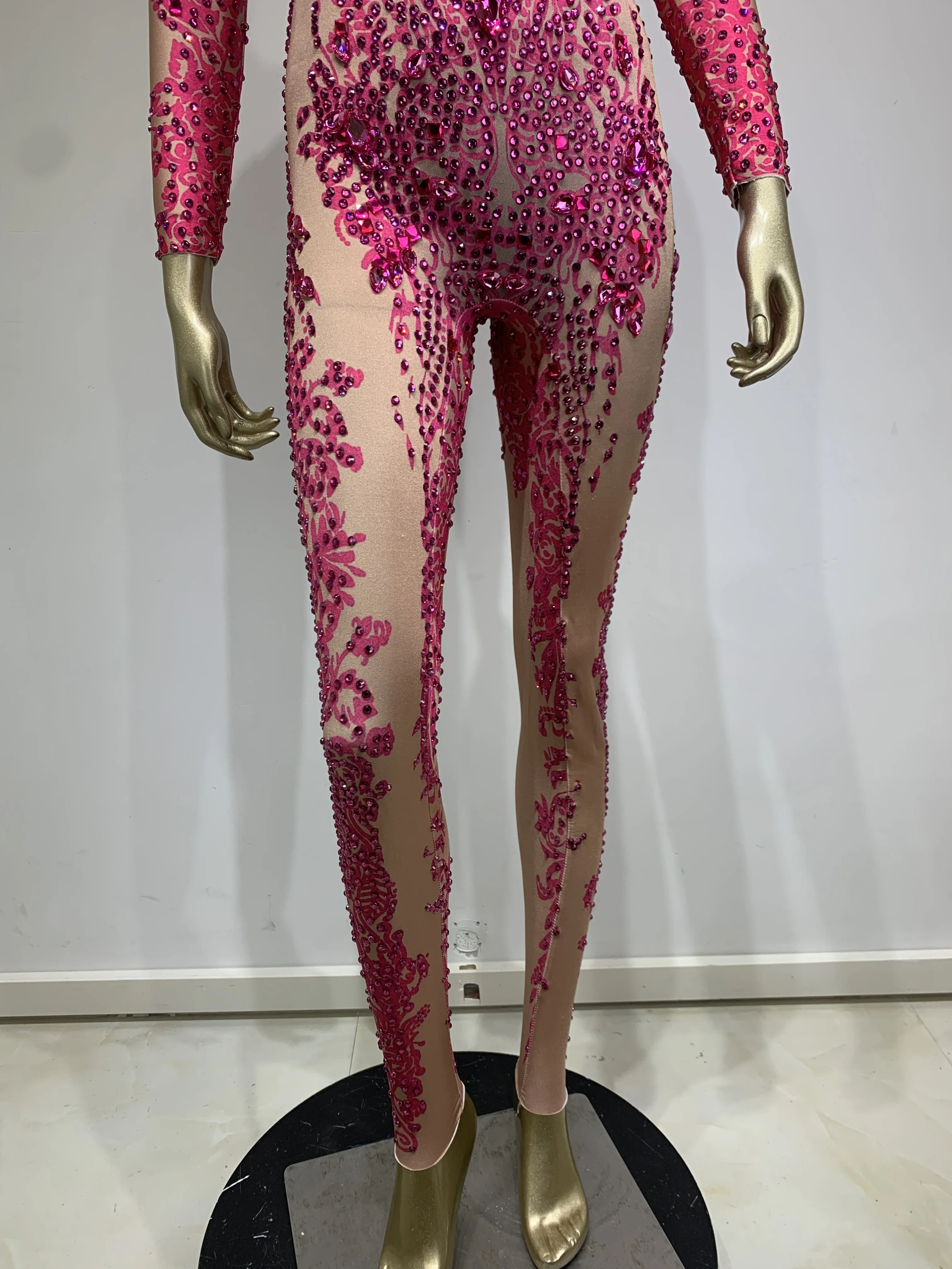 Women Sexy Sparkly Crystal Diamond Long Sleeve Stretch Jumpsuit Nightclub Outfit Singer Dancer Performance Party Stage Costume