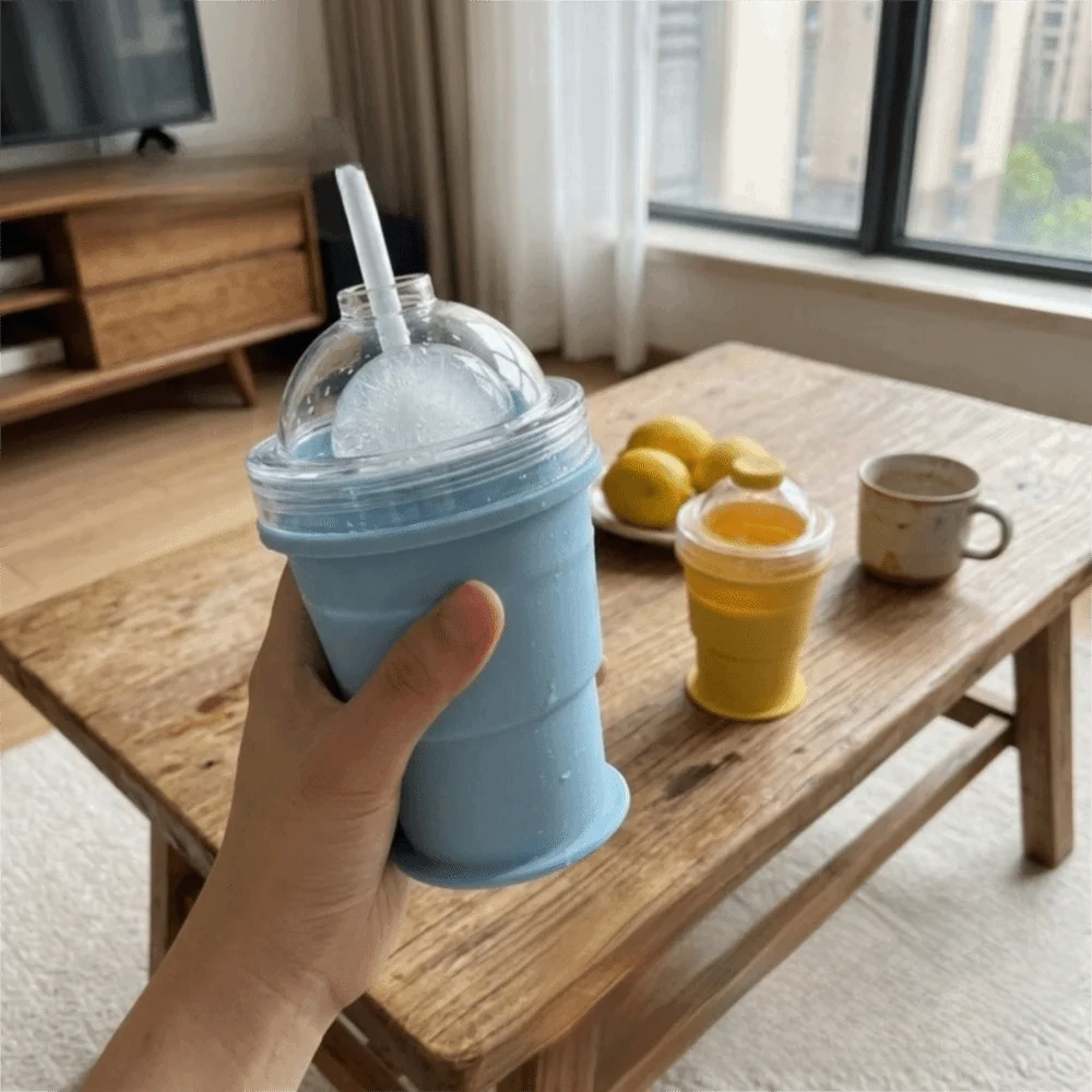 Leak-Proof Folding Ice Mold Cup Easy To Demold with Straw Ice Cube Water Bottle Food Grade Portable Silicone Collapsible Mug
