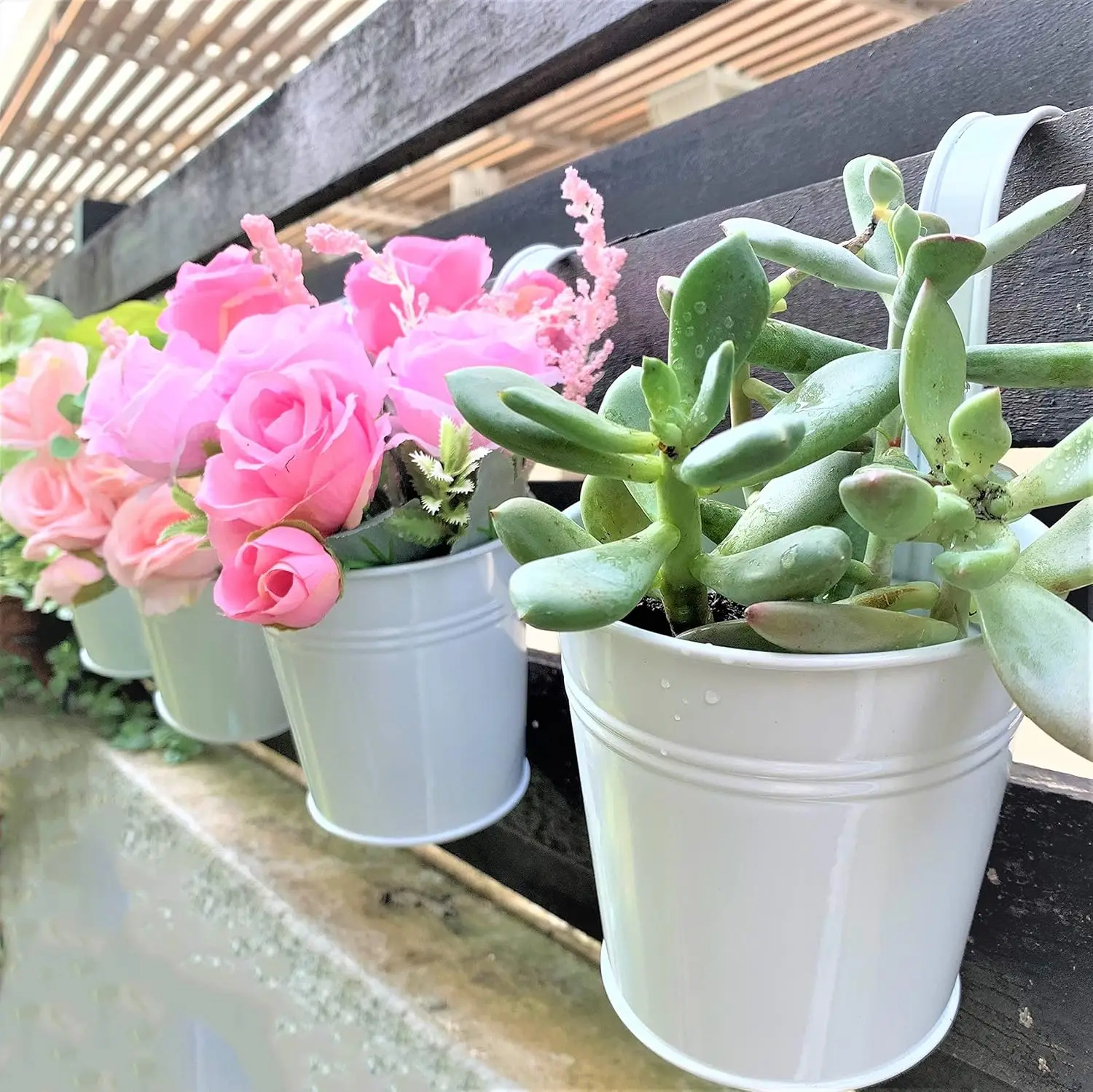 

6 Inch Hanging Planter Iron - 10 Pack, White Large Metal Flower Pot for Balcony Railing Outdoor Garden Succulent Deck Patio