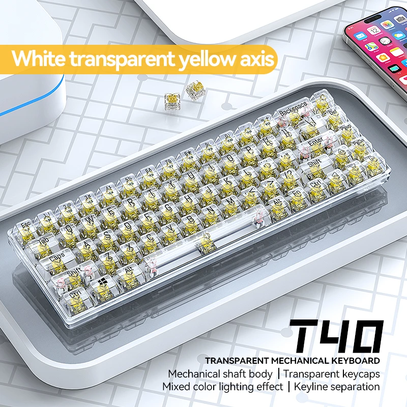 

T-WOLF T40 Transparent Mechanical Keyboard 68 Keys Mixed Light RGB Gaming Passion Crystal Red Shaft Exclusive Gaming Tool