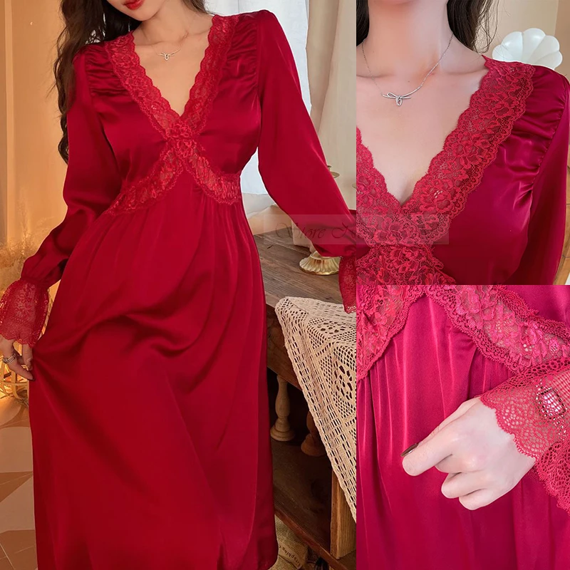 Burgundy Home Dressing Gown Elegant Female Long Nightgown Retro Sleepwear Summer Loose Satin Lounge Wear Court Style Nightdress