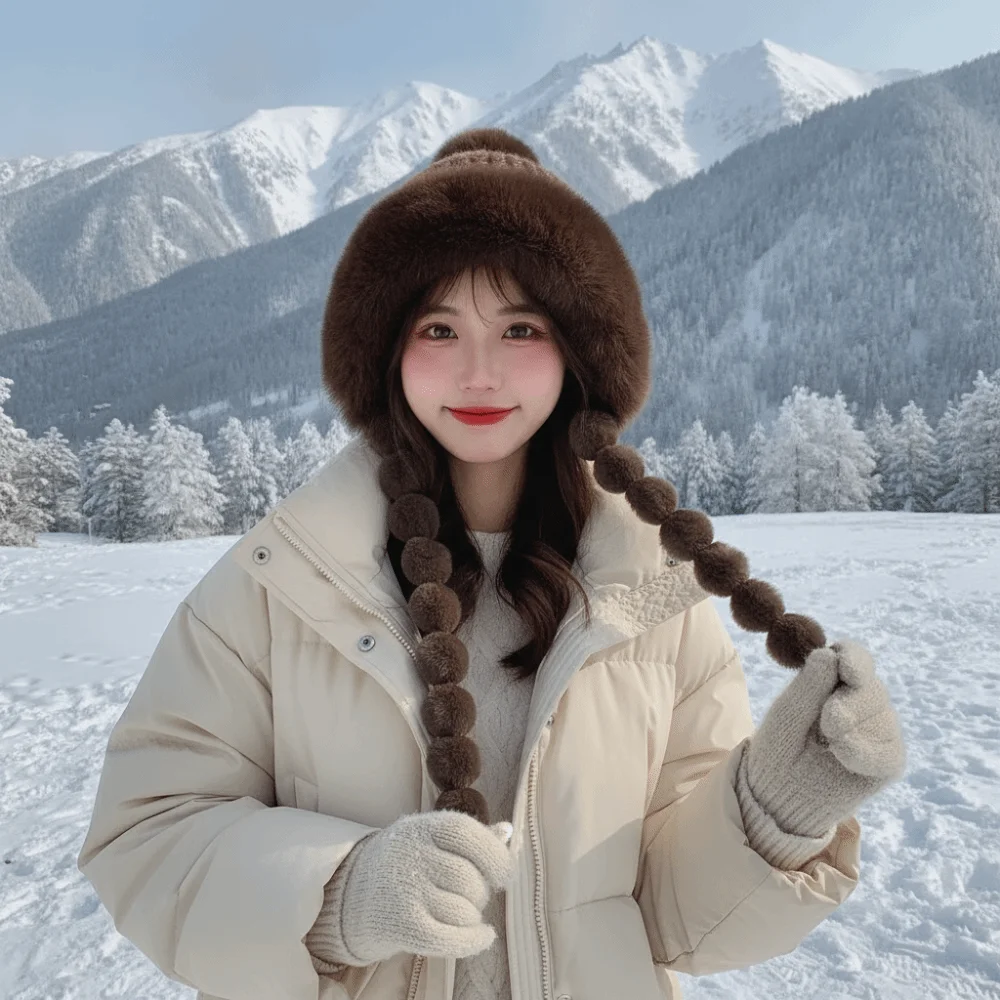 Fleece Lined Pompom Braids Hat Striped Knit Fur Brim Fleece Knit Beanie Windproof Soft Yarn Earflap Winter Cap Teens
