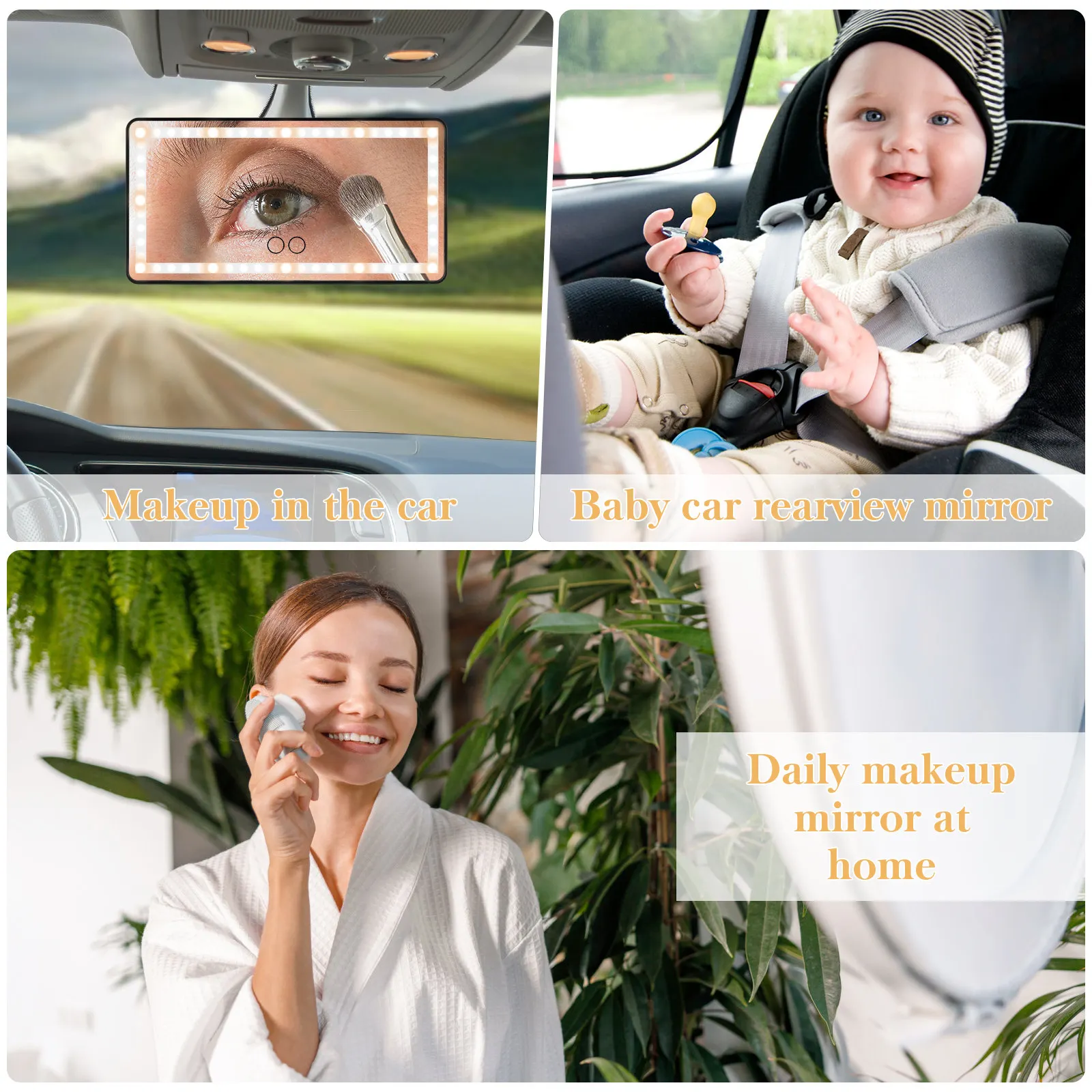 

Автомобильное зеркало для макияжа на солнцезащитный козырек, 60 светодиодов, перезаряжаемое, сенсорное управление, 3 режима освещения, долговечное, с питанием от USB, автомобильное косметическое зеркало