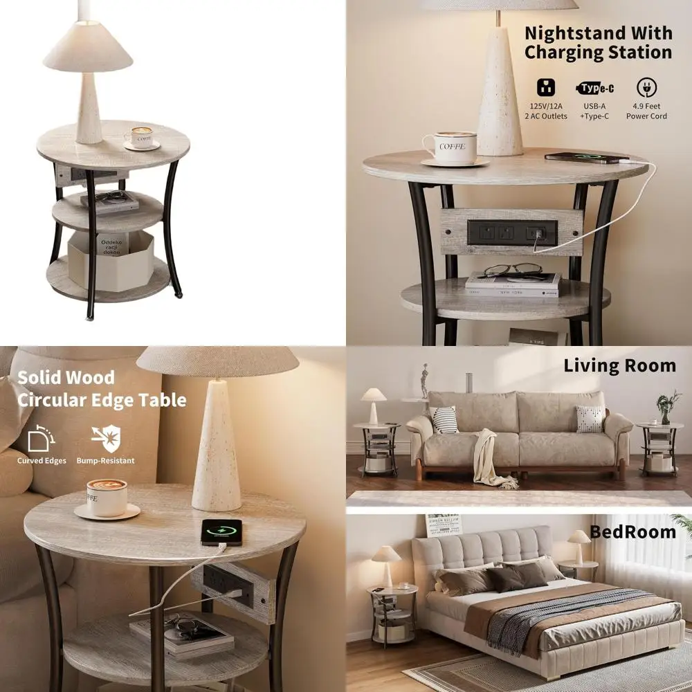 

Трехуровневая прикроватная тумбочка с USB-портами и розеткой, серая — идеально подходит для гостиной, спальни и офиса