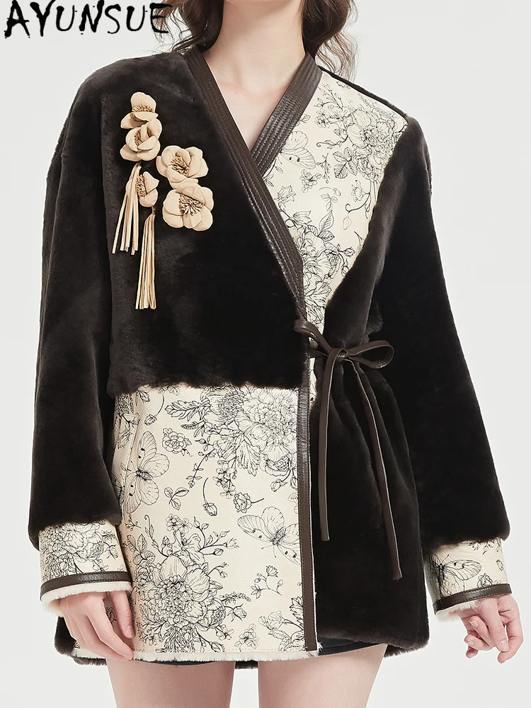 AYUNSUE Naturalny płaszcz ze skóry owczej damski zimowy średniej długości kurtka ze skóry naturalnej damska wiązana kwiatem nowość w płaszczach 2025