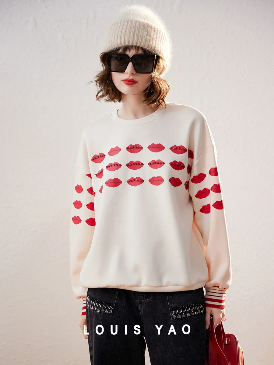 LOUIS YAO Women Sweatshirt 2023 Autumn Long Sleeve Round Neck Heavy Beaded Lips Pattern Loose Fit Top