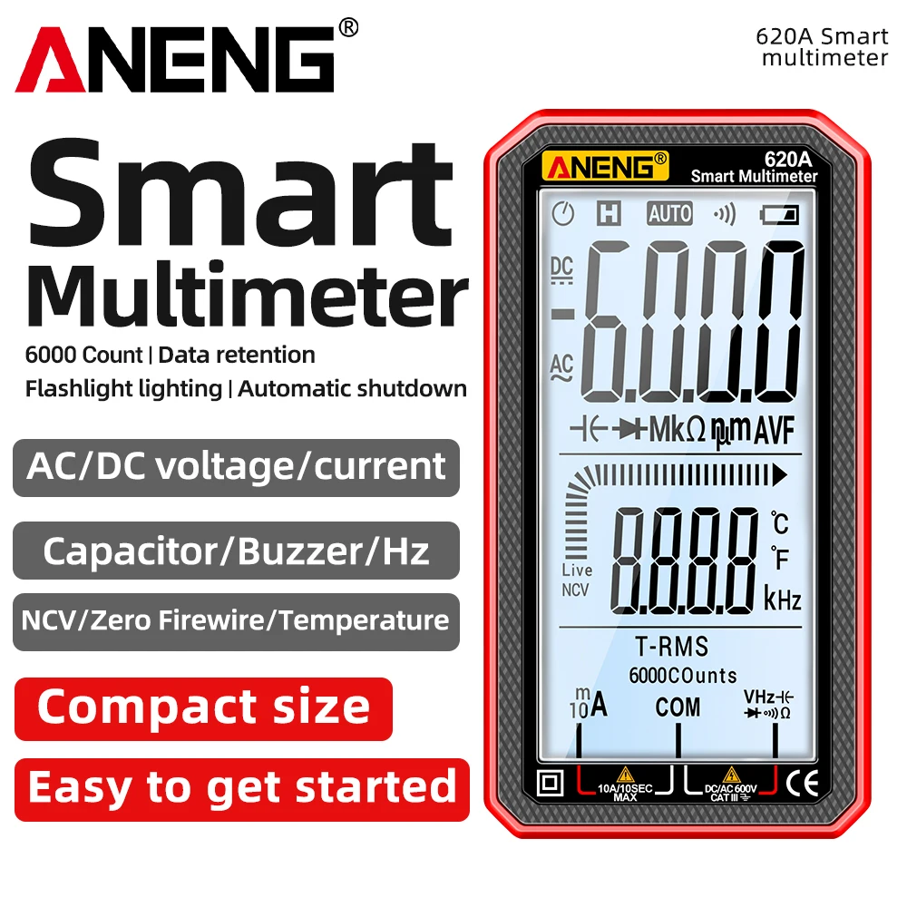 

ANENG 620A Digital Multimeter 6000 Counts AC/DC Voltage Current Tester Non-contact Induction Electrician Ohm Capacitor Detector