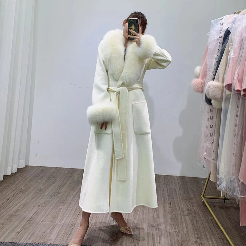 2024 Real Fur Coat Winter Jacket Women Natural Fox Fur Collar Cuffs Long Wool Blended Female Warm Thick Outerwear Streetwear