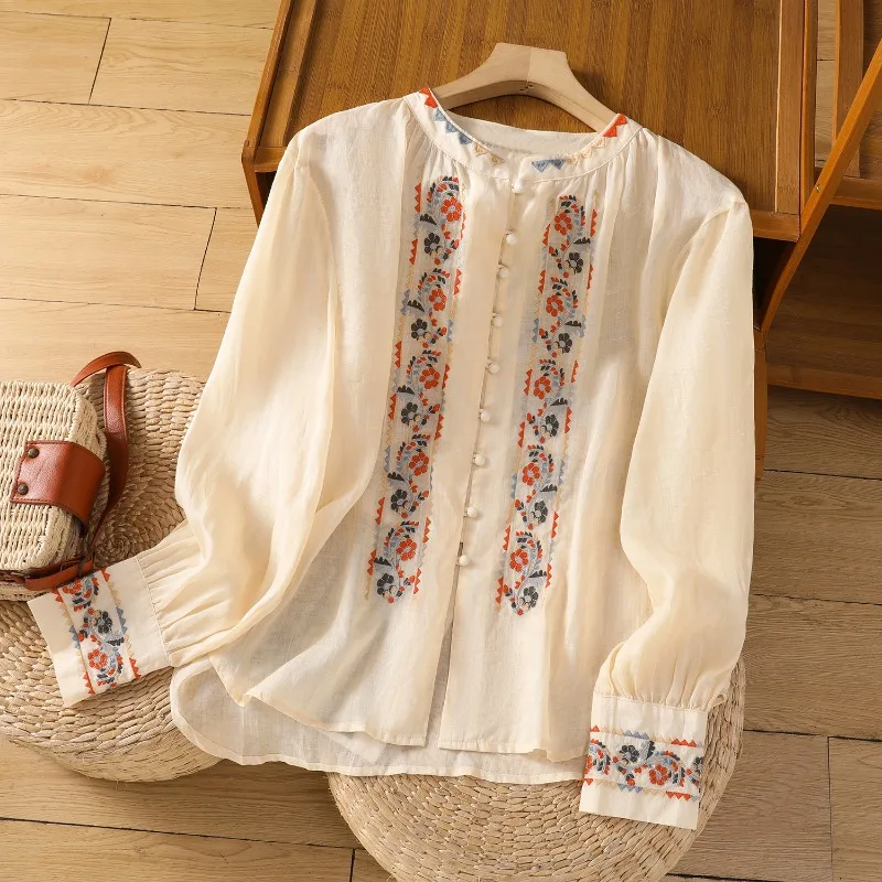 Chinese Style Women's Blouses Korean Embroidery Shirts FASHION Loose Spring/Summer Cotton Linen Clothing Long Sleeve Women Tops