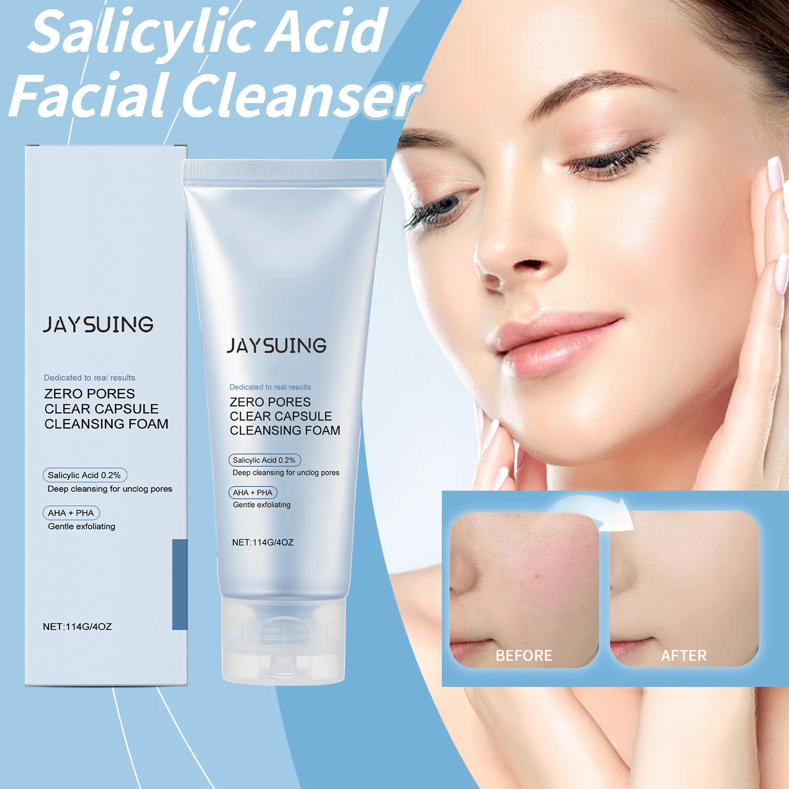 Limpiador de limpieza de ácido salicílico para poros delicados Control de acné Control de aceite refrescante limpiador hidratante profundo