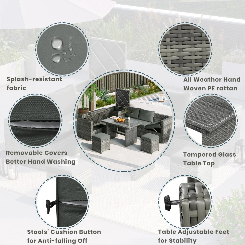 Outdoor 6-Piece All Weather PE Rattan Sofa Set with Adjustable Seat, Storage Box, Garden Patio Wicker Sectional Furniture Set