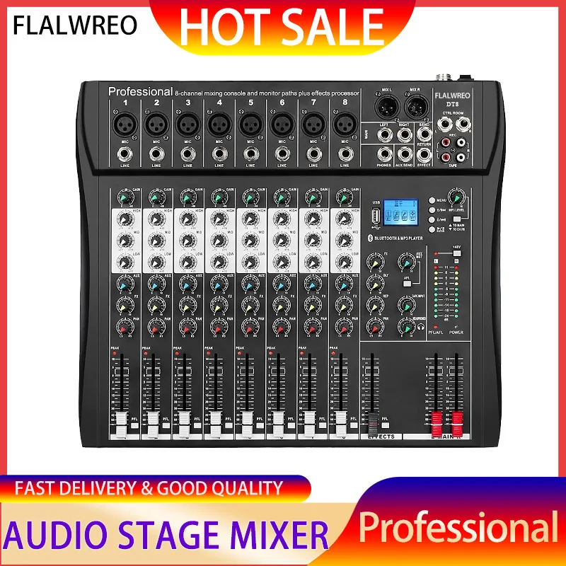 

Professional Audio Sound Mixer FLALWREO DT8 Channel Bluetooth USB 48V Phantom Mixing Console for PC DJ Amplifier Karaoke
