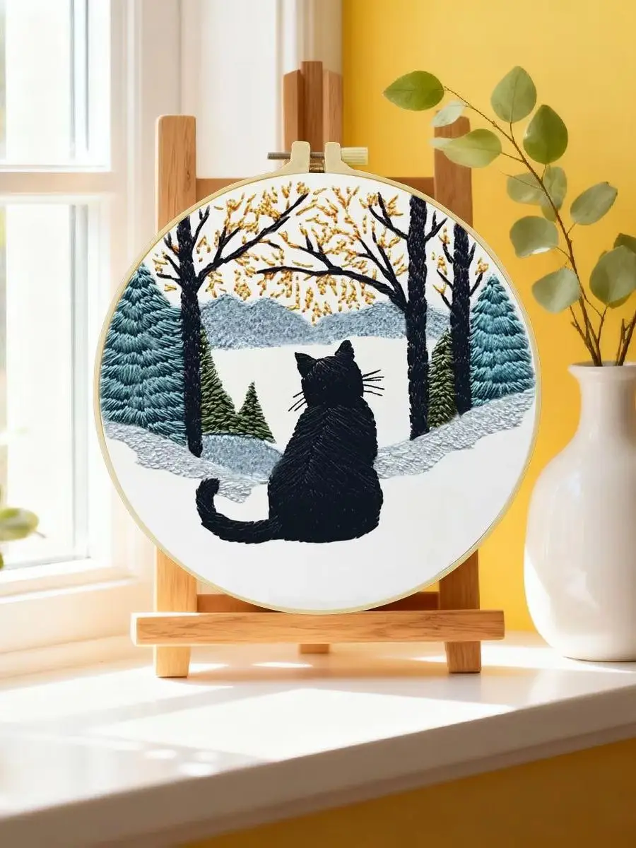 1 Stück 20X20CM/15X15CM 7,87/6,3 Zoll Die schwarze Katze auf dem Schneefeld Stickerei-Starter-Kit DIY-Kit DIY-Stickerei-Kit Handarbeiten – Detail 6