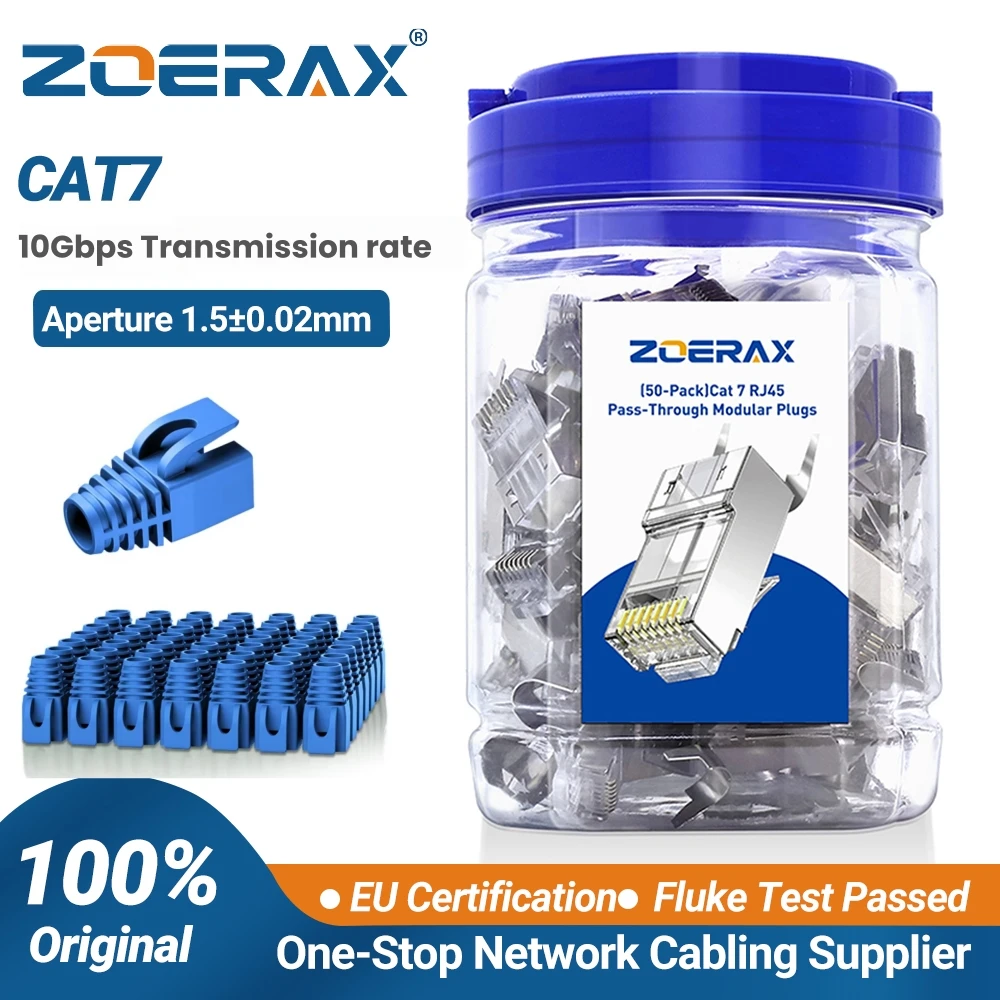 ZoeRax 50PCS Shielded RJ45 Cat7 Cat6A Pass Through Connectors Kit 3 Prong 8P8C Gold Plated 2-Piece Plug with Strain Relief Boots