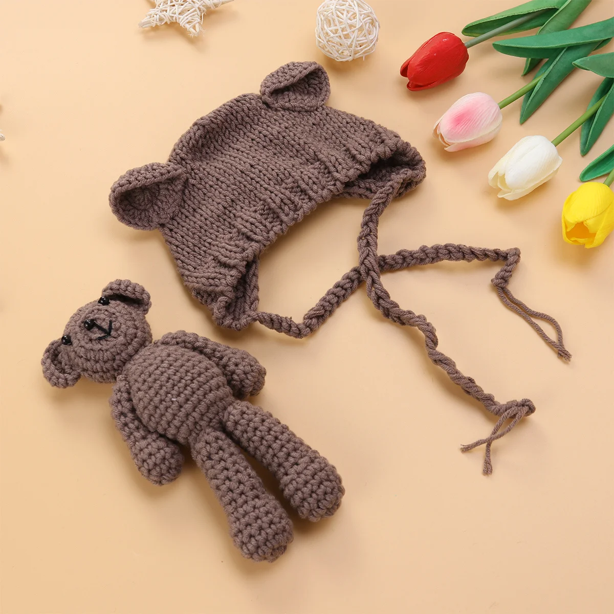 

Вязаная шапка для фотосъемки новорожденных, вязаная крючком шапка цвета хаки с медведем, милый реквизит для фотосессии для младенцев 0-6 месяцев, реквизит для фотосессии