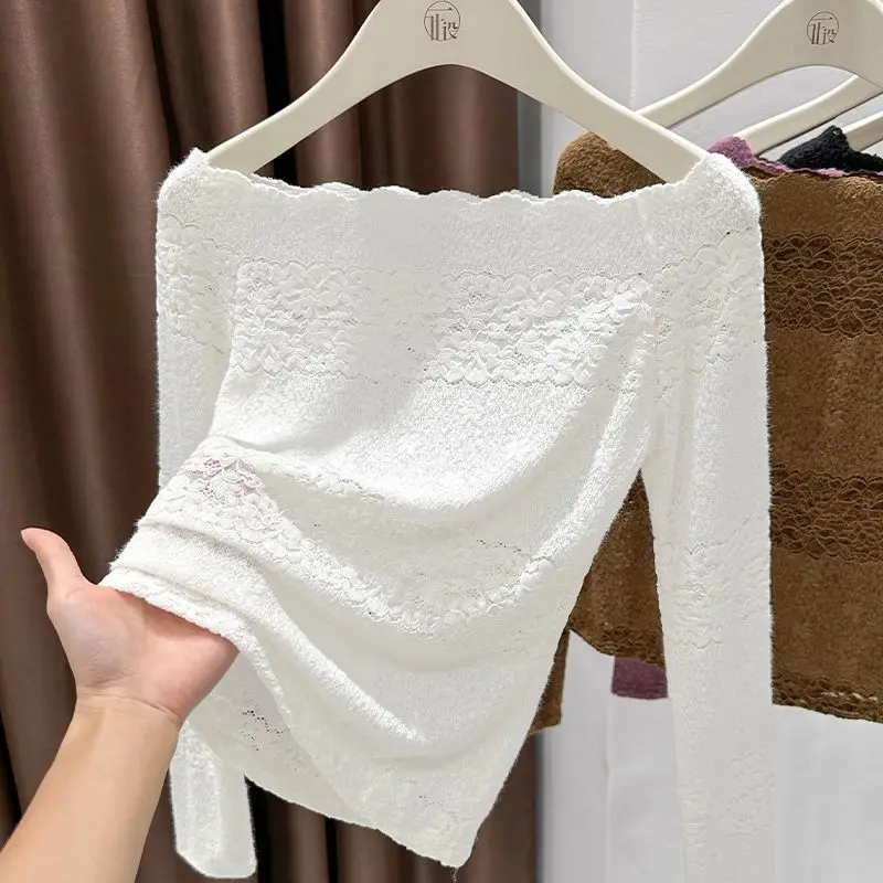 Sexy Long Sleeve Base Shirt Women's Mermaid Lace Collar Top Autumn Winter Outerwear Pure Desire Inner Match Women's T-shirt
