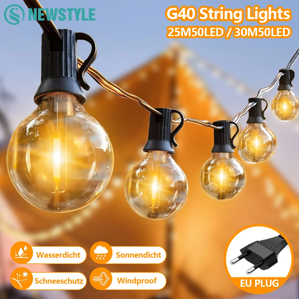 Outdoor String Lights 30M G40 LED Patio Lights EU Plug 50 Edison Bulbs 2 Spare Waterproof Hanging Light for Backyard Party Decor