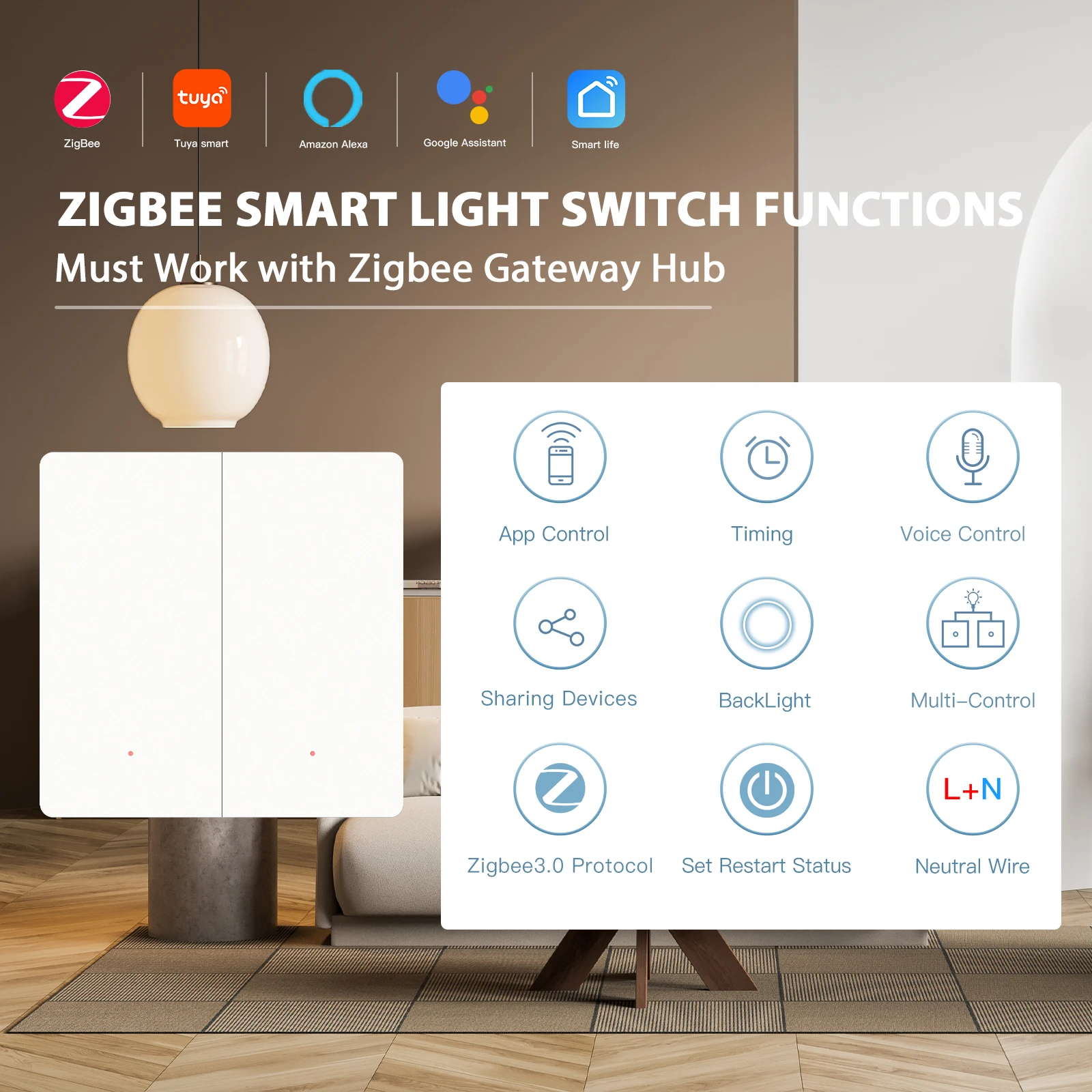 BSEED 1/2/3Gang Zigbee Wall Switches 1/2/3Way Reset Push Button Light Switches Tuya Smart Life Google Alexa Control