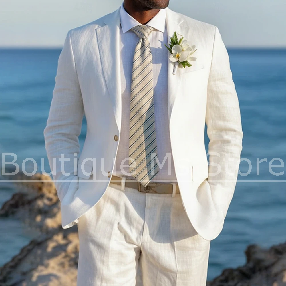 

Модный мужской льняной костюм-двойка: однобортный смокинг с отложным воротником, смарт-кэжуал, для пляжа, свадьбы, вечеринки (пиджак и брюки)