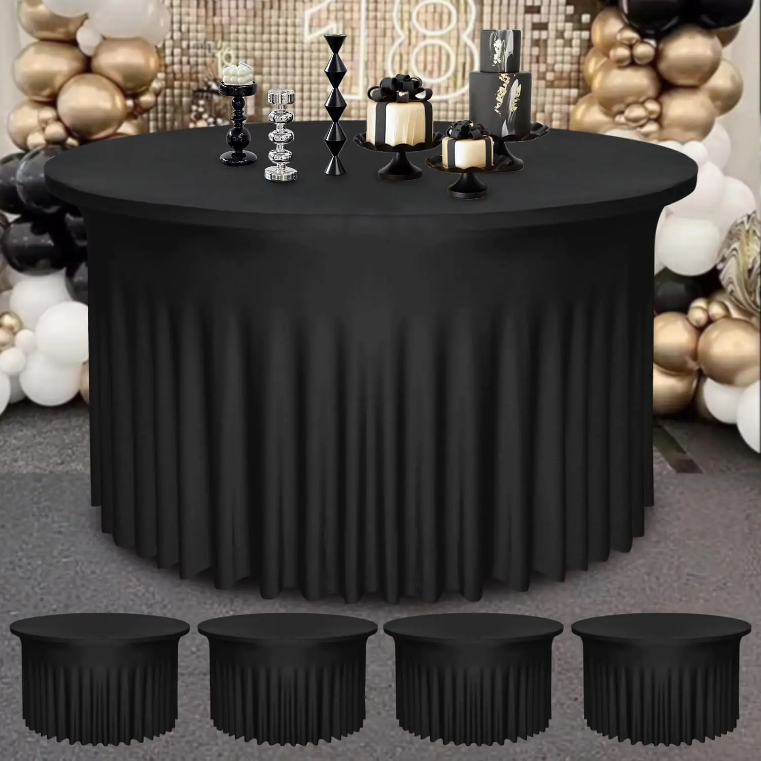 4 Pack Black 48Inch Round Table Skirt | Round Tablecloth For 4Ft Tables|Polyester Spandex Round Table Cloths With Skirt|Stain