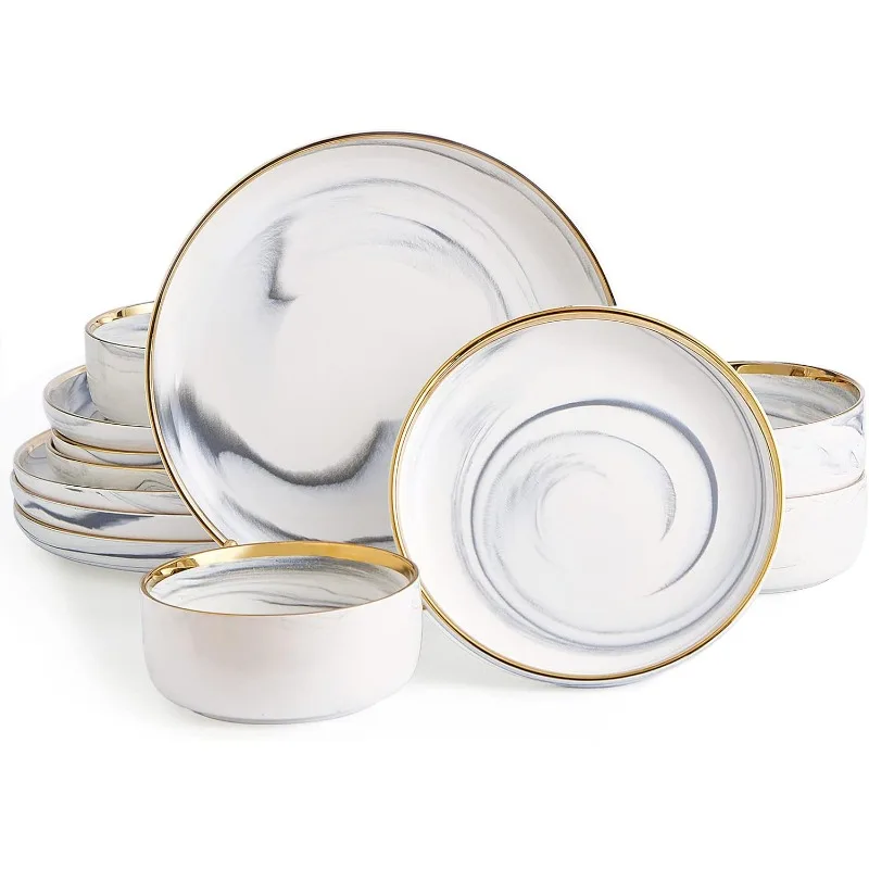 Dinnerware Sets, Marble Gold Line Plates and Bowls Sets Stoneware Dishes Set for 4, 12 Piece White Grey China Porcelain Round