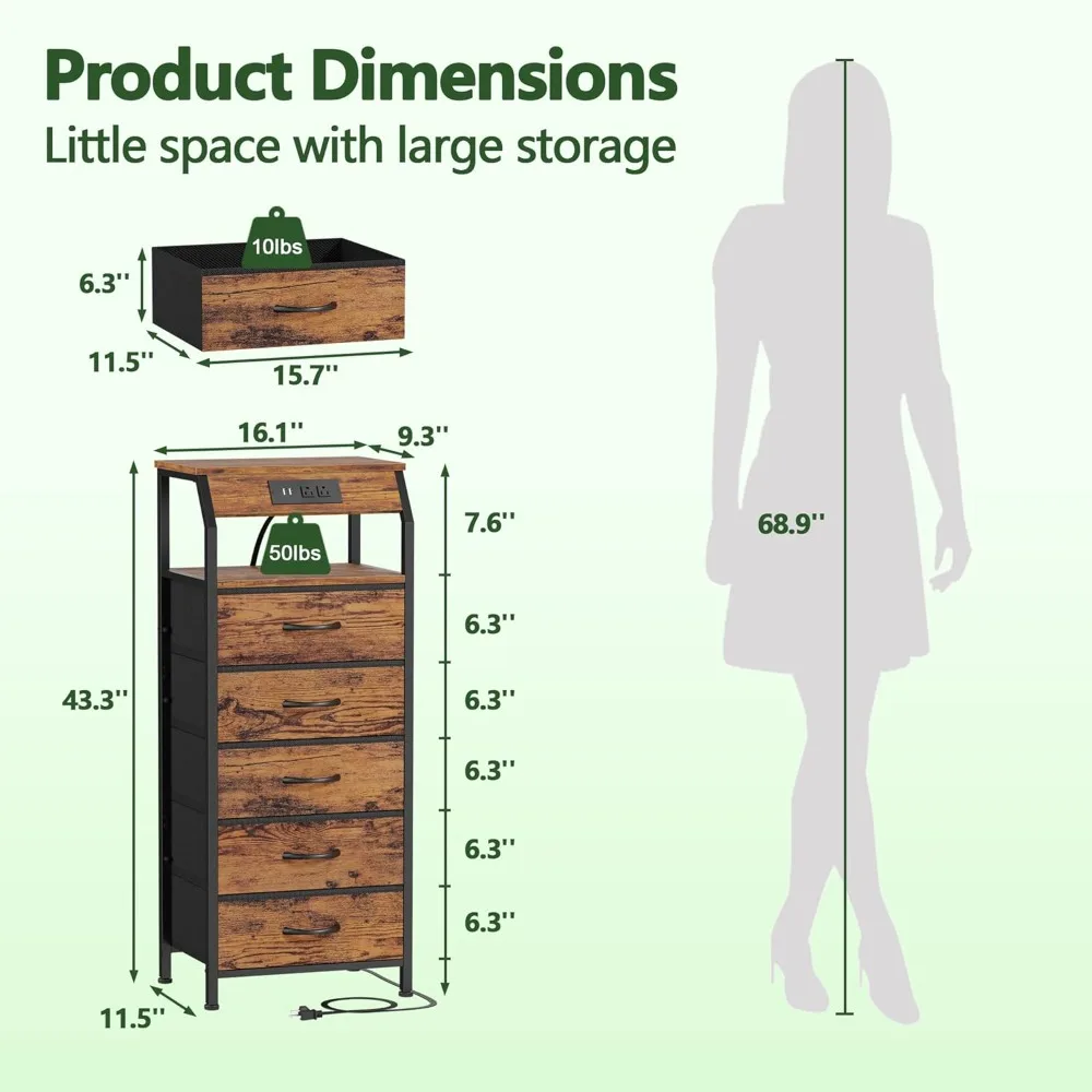 خزانة ذات 5 أدراج مع قاعدة شحن، وحامل ليلي طويل مع رف تخزين، وخزانة ذات أدراج من القماش، وطاولة بجانب السرير، و3 طرق للاستخدام