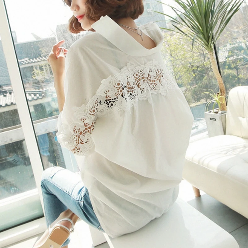 Sexy Hollow Out Lace Cotton Women\'s Shirt Korean Stylish Fashion Woman Elegant Blouse Backless Clothes 2023 Office Lady Top 1310