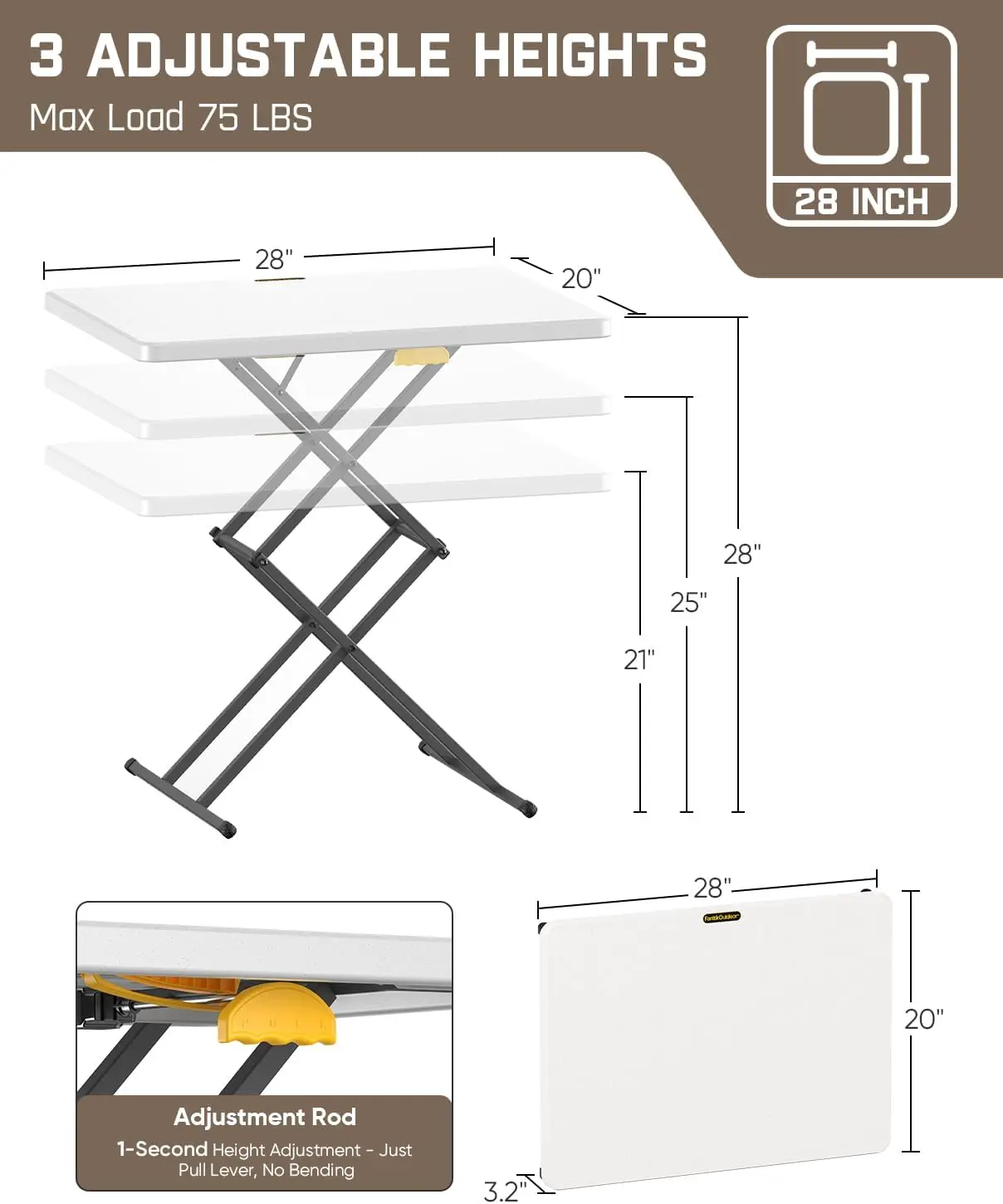 28 inch Small Folding Table, One-Hand Height Adjustment, 3 Heights, Lowering Lever, Instalift, Portable Side Table for Tv