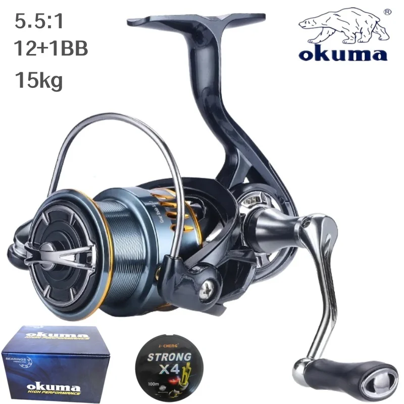 Okuma Vollmetall-Spinnrolle, Modelle 1000-5000, 5,5:1 Hochgeschwindigkeitsübersetzung, 15 kg Bremskraft