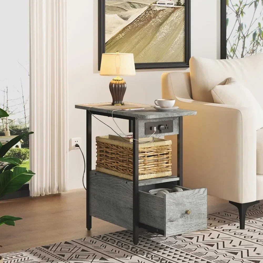 

Narrow Side Table with Drawer and USB Ports & Power Outlets, Nightstand Bedside Tables for Small Spaces, Bedroom, Living Room