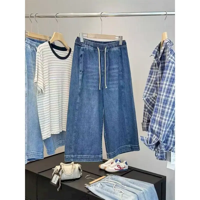 Denim Capri Pants Women 2026 Summer Wear Vintage Drawstring Elastic Waist Wide Leg Jeans Casual Loose Streetwear Women Clothing