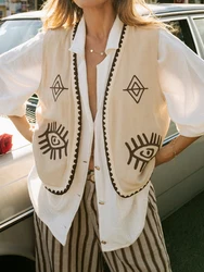 Women's Vintage Vest Tops Waistcoat Casual Embroidery Sleeveless Open Front Boho Cardigan Crop Tops y2k V Neck Outerwear Jacket