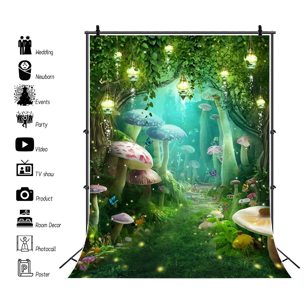 Fairy Tale Forest Mushroom Backdrop Dream Enchanted Wonderland Mushroom House Jungle Baby Birthday Photography Background Decor