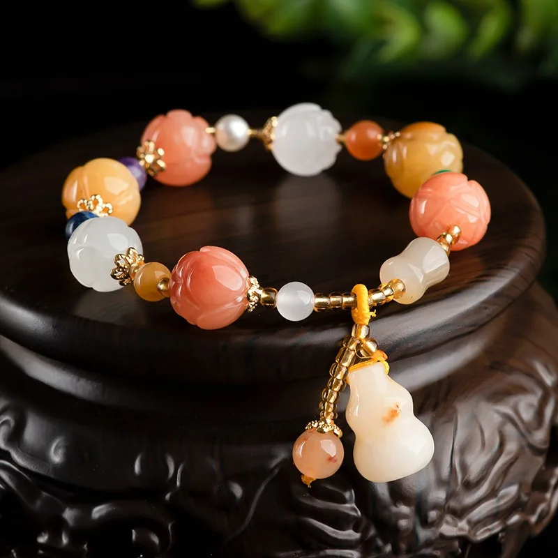 

Natural Jade Bangle Women Lucky Colorful Lotus Flower Beads Gourd Bracelet