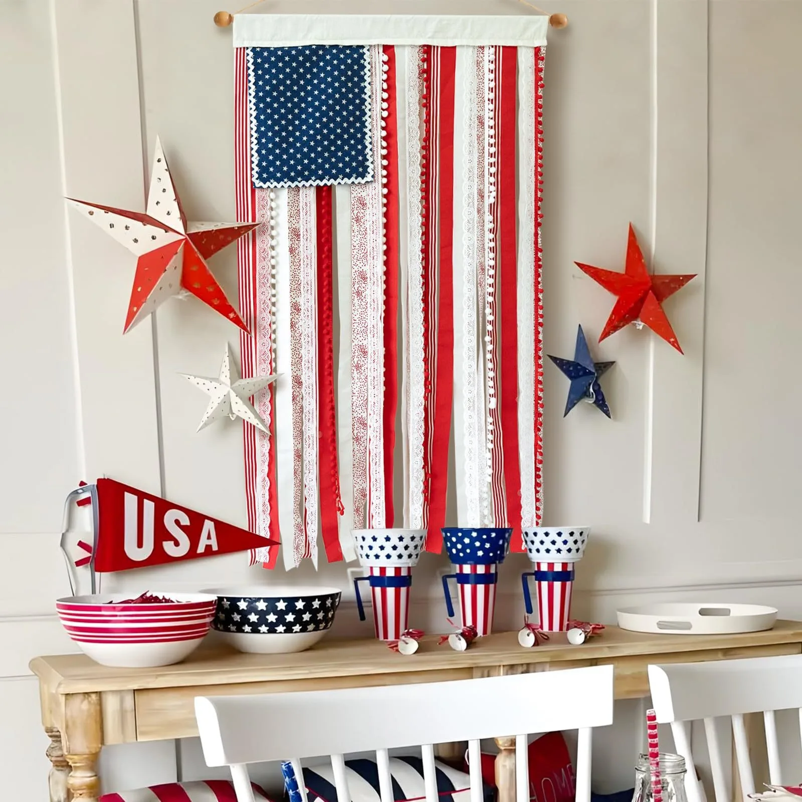 

4th of July Wreath Patriotic Stars and Stripes Bunting Banner Door Hanging Wall Decor for Independence Day Holiday No Wood Stick
