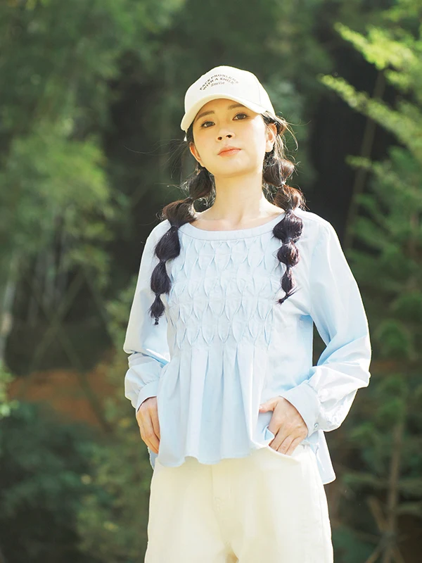 

Bukhara Original Cotton Casual Long Sve Artistic irt Spring New Arrival Women's Loose Fit round Ne Pure Color Top