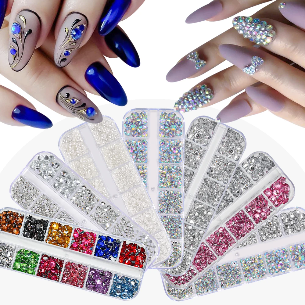 12Grids AB/Clear Flatback Rhinestones Nail Art Charms Mixed 0.2/0.3/0.4/0.5/0.6cm Diamond+1Tweezer+Crayon Manicure Gem Accessory